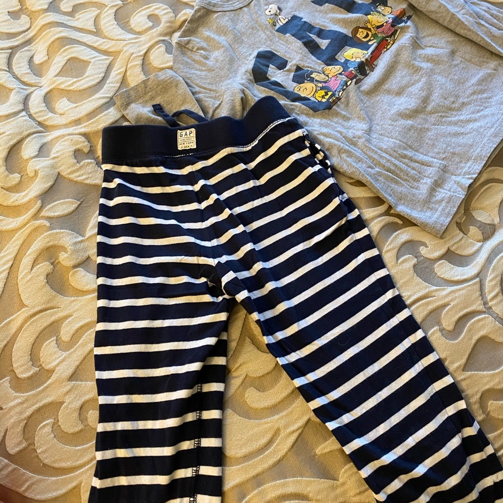 Gap Peanuts shirt and Gap striped pants outfit